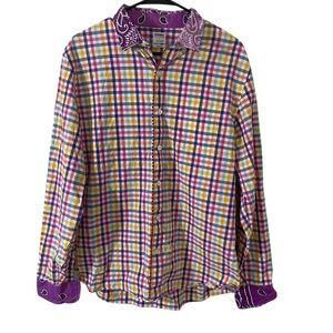 Bonobos Large Rainbow Plaid Bandana Collar Flip Cuff Button‎ Down Shirt Cotton